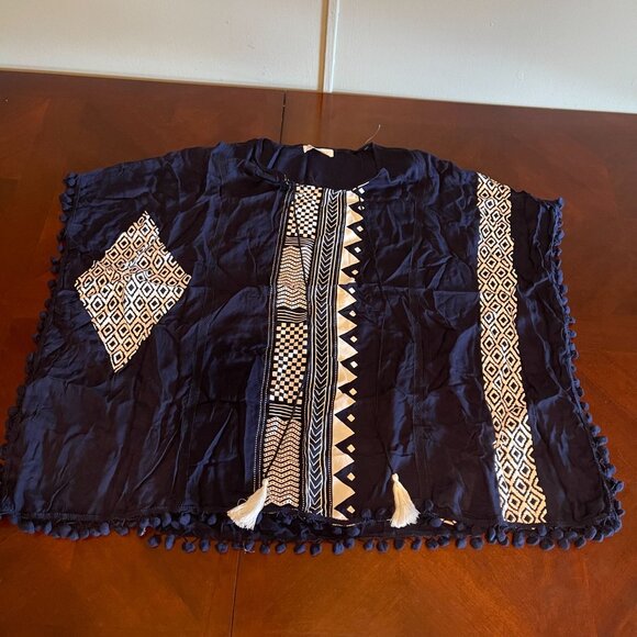 Cupshe  Blue Boho Tunic Cover-Up with Tassels & Pom Pom Trim – One Size - Picture 6 of 12